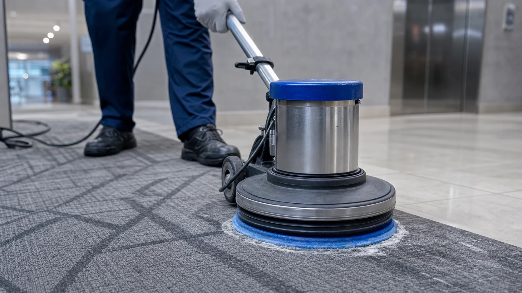 Clean Best technician extracting a traffic lane from carpet tile in an Alexandria studio office NSW